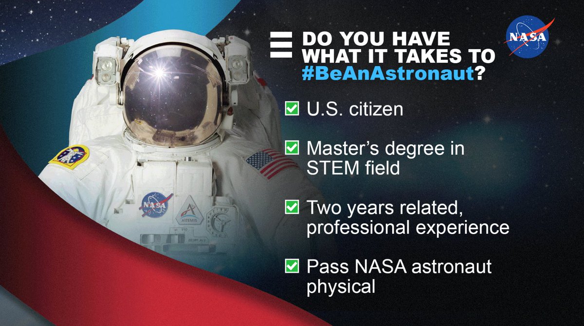 NASA_Astronauts's tweet photo. We have the best jobs on (and off) the planet💫
Have you always wanted to #BeAnAstronaut? Now is your chance! @NASA is hiring the next generation of #Artemis astronauts. We're accepting application from March 2-31 online at https://t.co/UZywp7gj8s. Do you have what it takes? https://t.co/47CWIkyGar