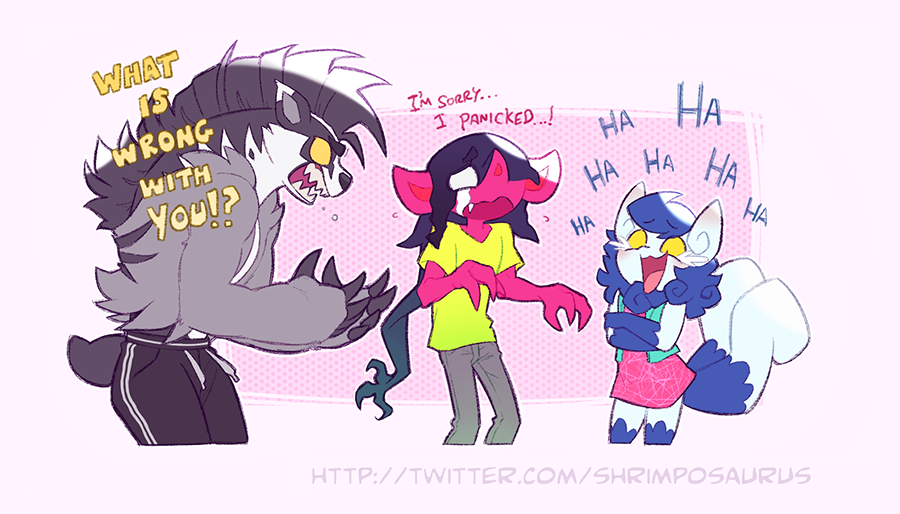 Encounter 2: Give him a compliment, what's the worst that could happen? 
(with @Cappuchilla's Vivi and some other familiar faces. Gambit the obstagoon is mine. She's ..aggressively supportive). 
#pokemon #PokemonSwordSheild #morgrem #pontya  #meowstic #obstagoon #ギモー #ポニータ 