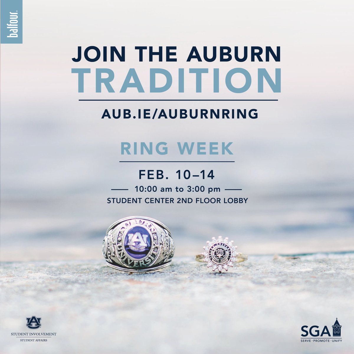 Ring Week continues the rest of this week! Join the Auburn Tradition from 10 a.m. - 3 p.m. in the Student Center Second Floor Lobby.