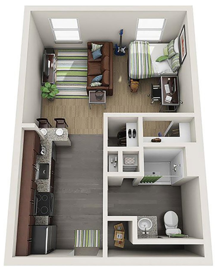 The studio apartment allows for modern, cozy living!