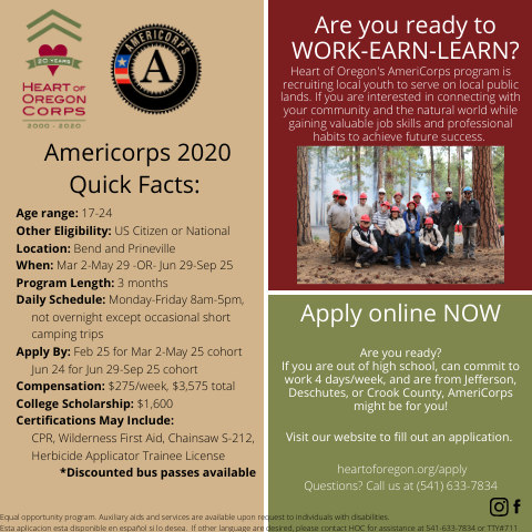 We are hiring for our <a href="/AmeriCorps/">AmeriCorps</a> program! Cohorts starting March 2 or June 29. Please visit our website for more information and to apply heartoforegon.org/programs/ameri…

#americorps #bendoregon #workearnlearn #collegescholarship
