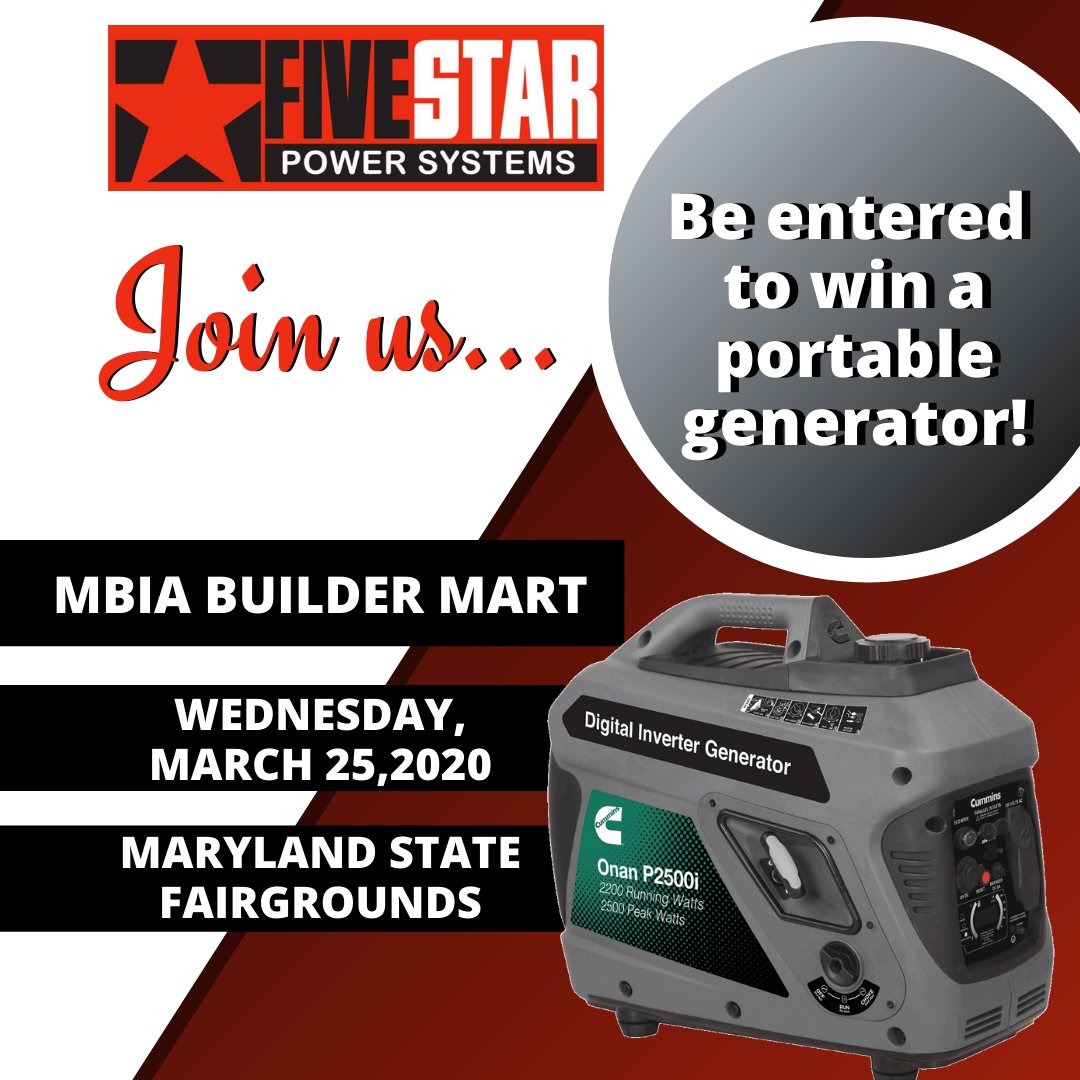 FiveStarPower's tweet photo. Five Star Power Systems will be at the 50th MBIA Builder Mart at the Maryland State Fairgrounds. The Builder Mart is the largest, one-day building industry trade show in Maryland.  When you attend and visit our booth you can enter for a chance to win a portable generator! https://t.co/B1kVzD19oX