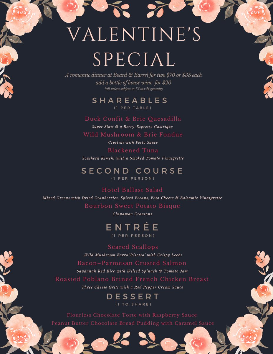 ❤️ To celebrate #ValentinesDay2020, we have created a special menu which will be served Friday 2/14 and Saturday 2/15 starting at 5PM. You will also receive a special treat as you depart. ❤️

For reservations please call 910-343-6130