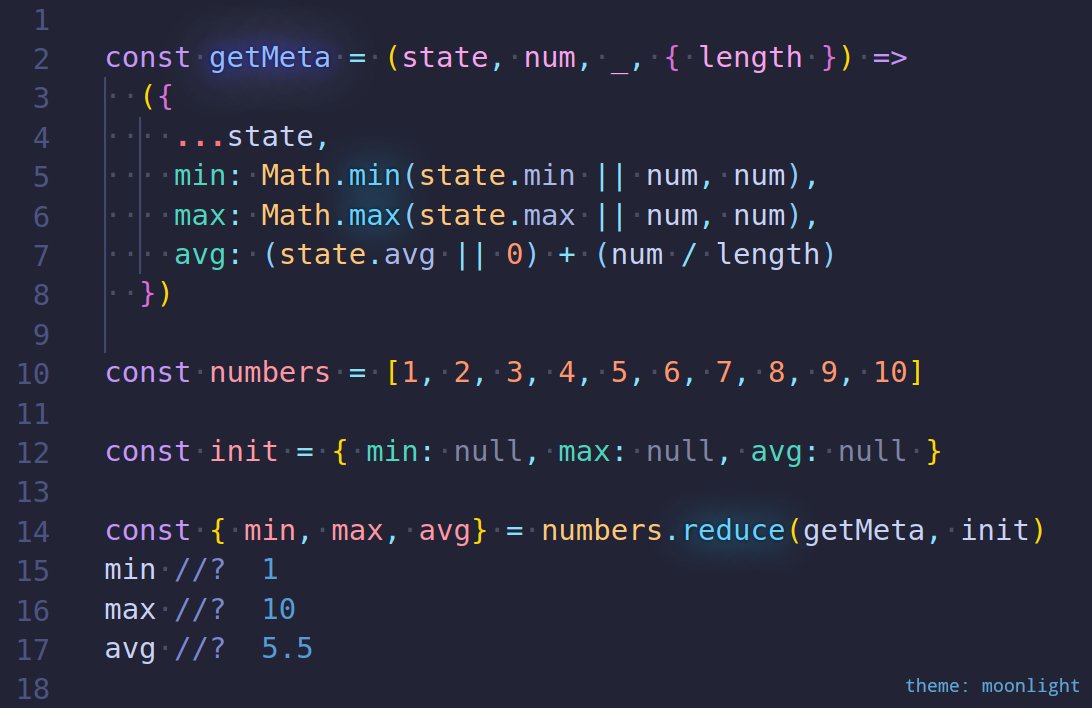 joelnet's tweet image. 💡TIP: reduce can be used to perform multiple simultaneous calculations

This example calculates the minimum, maximum, and average as an O(n) operation

#javascript #nodejs #dev #code #programming #development
