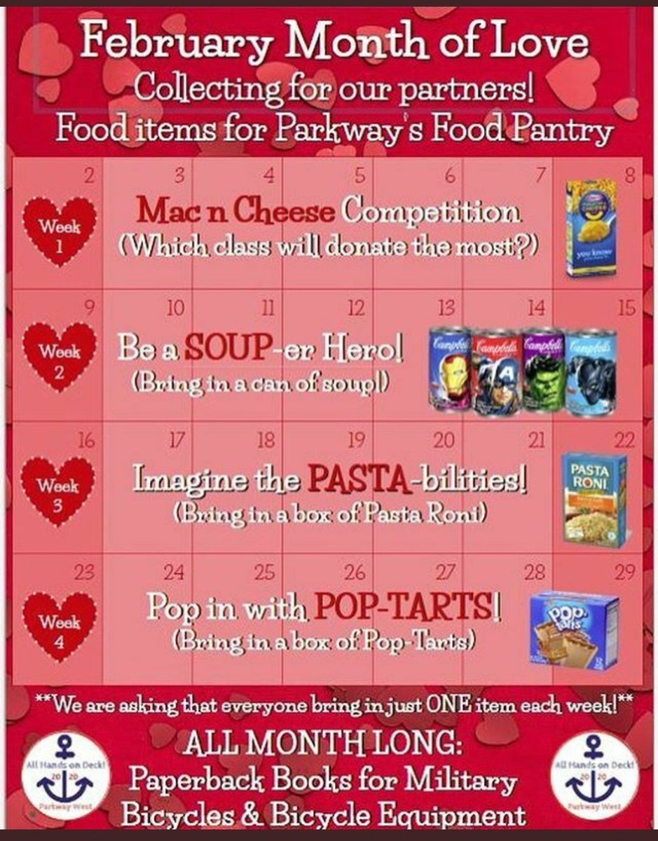 Parkway West High School (@PWestHighSchool) on Twitter photo 12/02/2020 17:31:05 This week is SOUP-er bowl week! Everyone bring in a can of soup! Bins in the main lobby ❤ #pwestpaysback This week is SOUP-er bowl week! Everyone bring in a can of soup! Bins in the main lobby ❤ #pwestpaysback