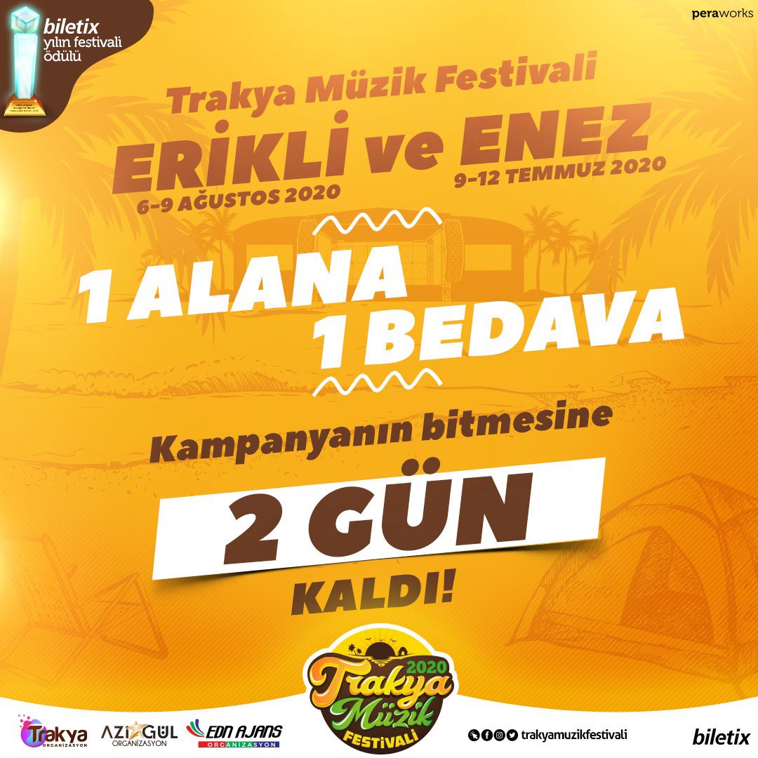 SON 2 GÜN! 
#TrakyaMüzikFestivali #Erikli ve #Enez 1alana1bedava biletini şimdiden al! #festival bit.ly/TrakyaMuzikFes…