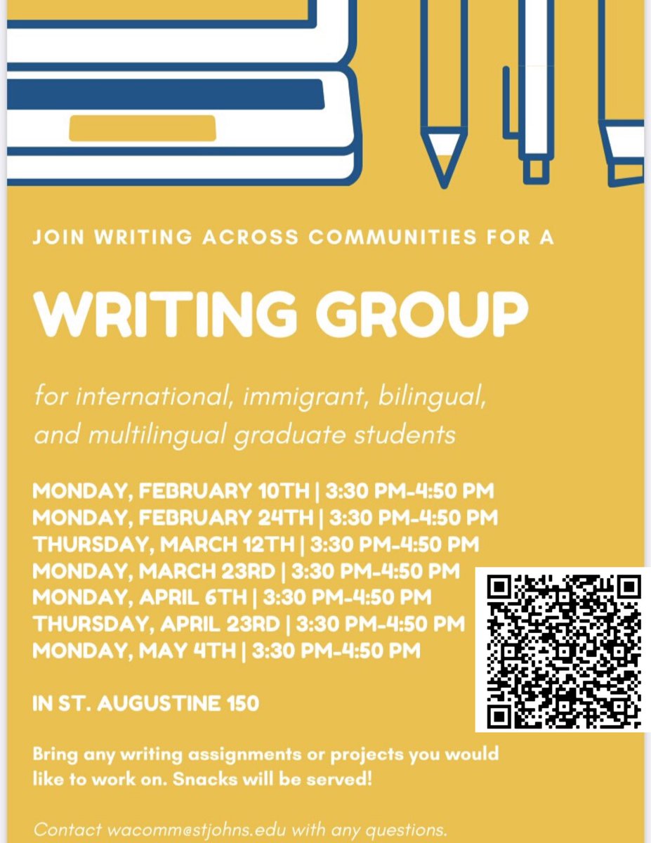 Join Writing Across Communities for a writing group for international, immigrant, bilingual, and multilingual graduate students from all schools at SJU
stjohns.edu/about/news/ann…

<a href="/SJUWACommuniti1/">@SJUWACommunities</a> <a href="/stjohnsartssci/">St. John's College of Liberal Arts and Sciences</a> <a href="/StJohnsU/">St. John's University</a> <a href="/sju_english/">SJU English Dept.</a> <a href="/tobincollege/">The Peter J. Tobin College of Business</a> <a href="/SJUPharmHSci/">SJU Pharm & HSci</a> @ProfCocozzelli