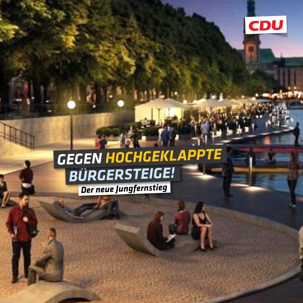 Eines meiner Herzensprojekte: die #Alsterpromenade. Unsere Innenstadt ist derzeit nach 20 Uhr kaum besucht: das möchte ich ändern. Pontons, Gastronomiebetriebe und sanierte Binnenalsterseiten sollen unser Hamburg beleben und um eine Attraktion reicher machen!