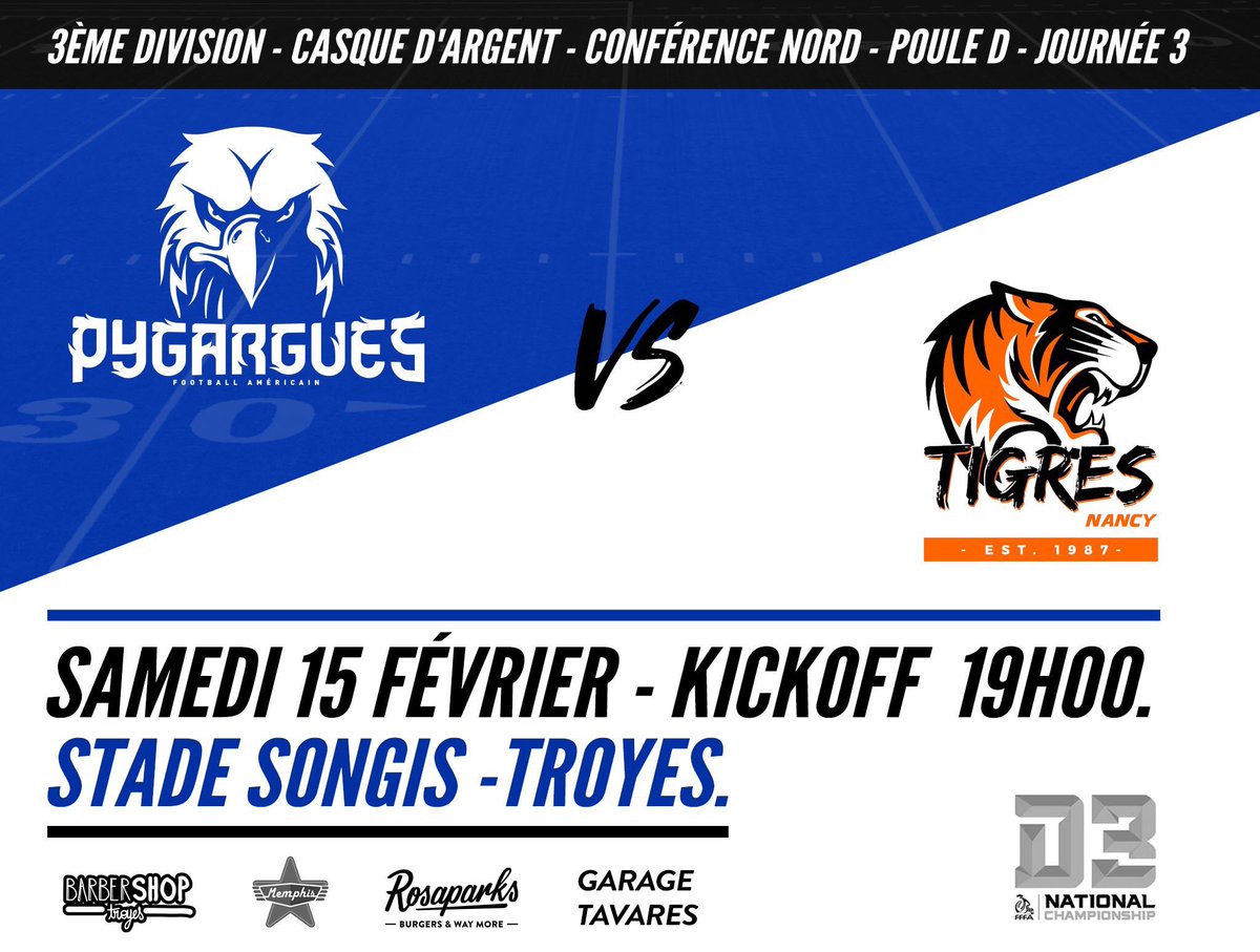 PygarguesTroyes's tweet photo. [ Foot US - D3 ] J3
3ème journée du championnat de France D3, les #Pygargues reçoivent les @tigresdenancy , Ce samedi 15 février, à 19h au Stade Songis.
#troyes #footus #D3 #FlyWithUs https://t.co/CSXhgkL6zS