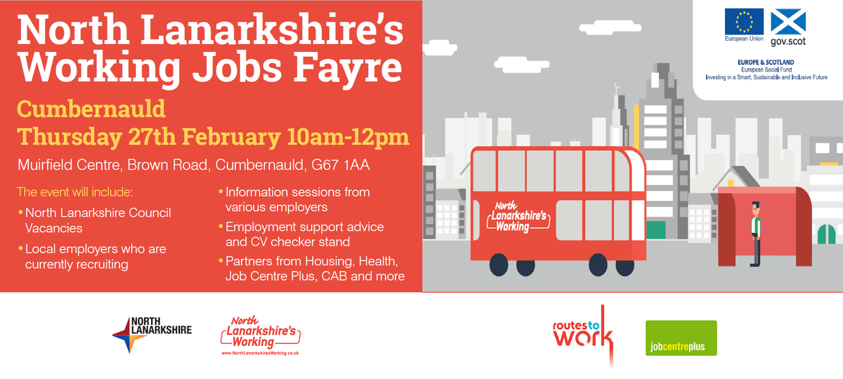 Come along to the <a href="/NorthLanWorking/">NLW</a> #JobsFair in #Cumbernauld Muirfield Centre, Brown Road, G67 1AA Thurs 27th Feb 10am - 12pm Various employers and providers will be on hand with vacancies and employment advice. No booking necessary, job pop in on the day. #LanarkshireJobs