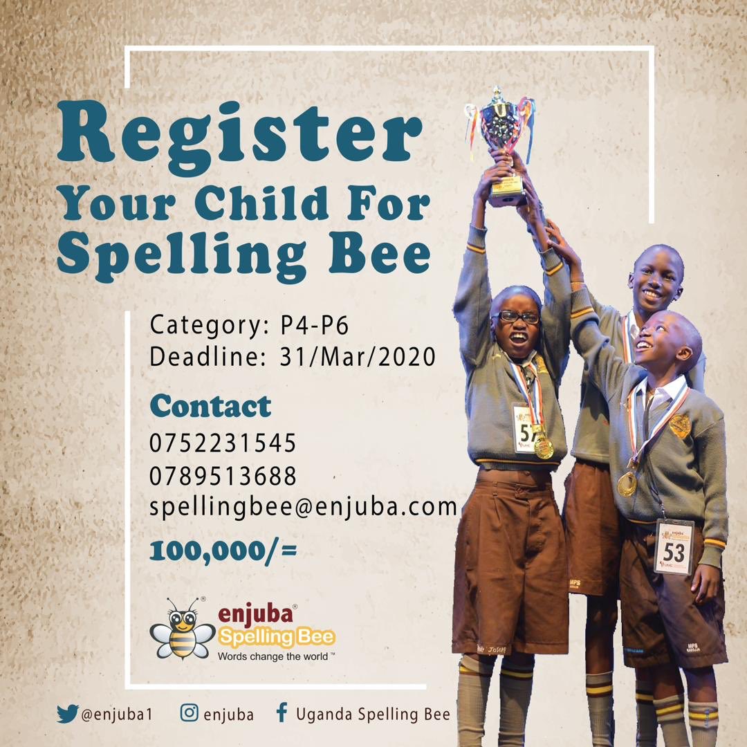 #SpellingBeeUg Have you registered your child for the Spelling Bee yet! Well if not, what are you waiting for?
<a href="/dbinea/">Ms. Ankunda</a> @cbemeka <a href="/KagutaMuseveni/">Yoweri K Museveni</a> <a href="/JanetMuseveni/">Janet K Museveni</a> <a href="/Educ_SportsUg/">Ministry of Education and Sports - Uganda</a> @rhode_rodney <a href="/horizon_uganda/">Horizon International School, Jinja.</a> @_namulema_ <a href="/sotrixbax/">sotrixbax</a>  <a href="/FreshKidUG/">Fresh Kid UG</a> <a href="/kampalaparents/">Kampala Parents'</a> <a href="/GreenhillUg/">Greenhill Academy UG</a> <a href="/mtnug/">MTN Uganda</a>