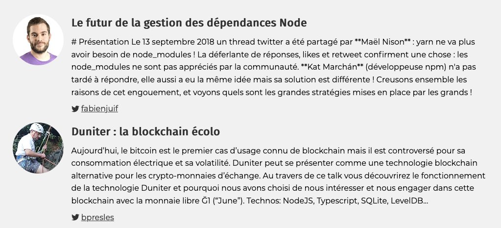 NantesJS's tweet photo. Le prochain NantesJS arrive 🥳
Il aura lieu le 19 février, et accueillera
@fabienjuif pour parler du futur de la gestion des dépendances Node,
et @bpresles pour nous faire découvrir la blockchain écolo Duniter.

Inscrivez-vous dès maintenant ! 
https://t.co/AQg7V6G3HF https://t.co/XluTNBuWzv