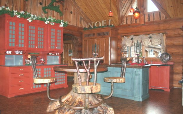 yestertec's tweet image. This log home features an eclectic collection of 4 YesterTec workstations combined with an island and table created by other artists. Unlike standard cabinetry, furniture allows the logs to be seen between each piece, unifying the kitchen area with the adjoining furnished room.