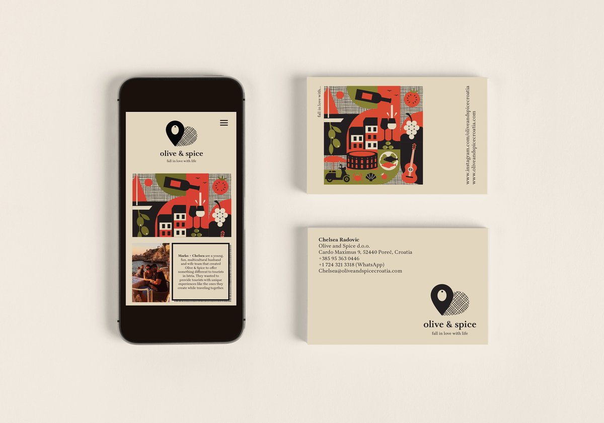 Brand Olive &amp; Spice je inspiriran životnom pričom Chelsea i Marka, mladog američko-hrvatskog bračnog para koji su se zaljubili u Istri i odlučili svoju ljubav prema životu i putovanjima podijeliti i sa svojim klijentima. #branding #visualidentity bit.ly/OliveSpice