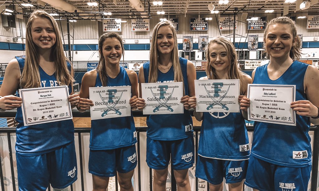 Congratulations to our 7-AAA all-region team award winners! 

1st team all-region:

Morgan Holt
Abby Ledford

All-region Honorable mention:

Saidee Collins
Mackenzie Johnson 
Becca Ledford

#LadyRebelsBasketball