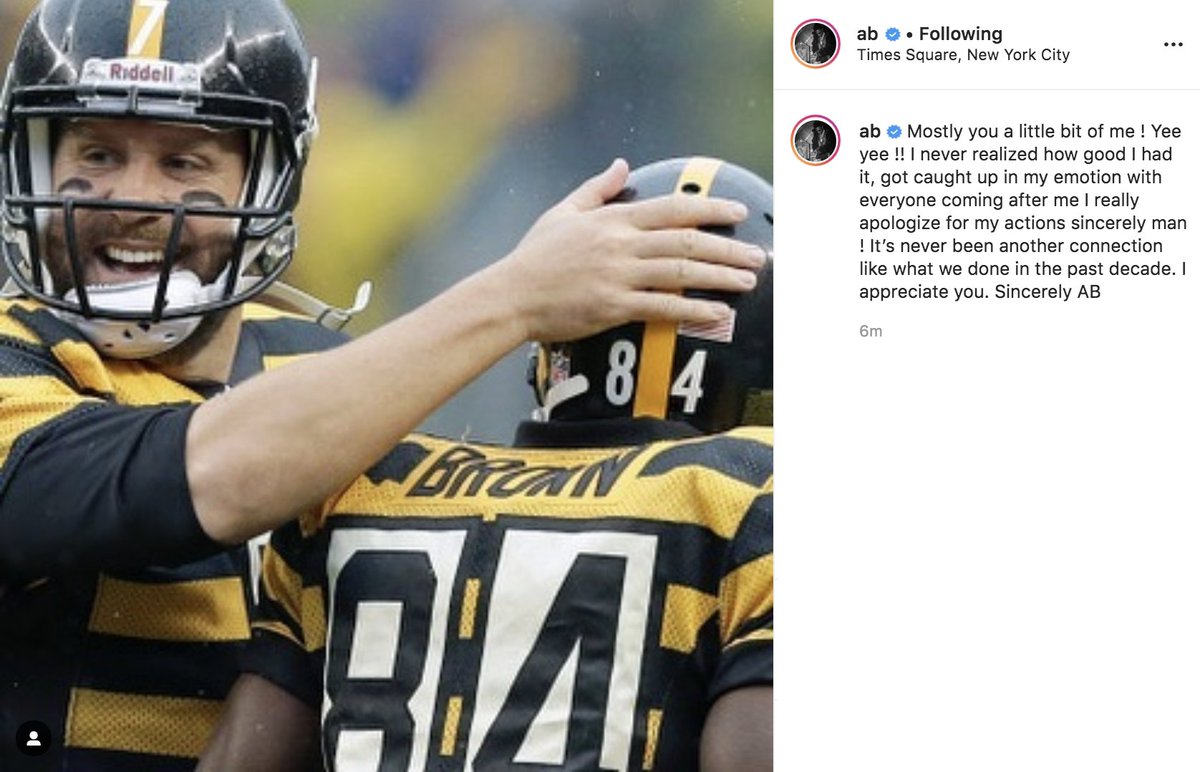 BleacherReport's tweet image. AB apologizes to Big Ben: "I never realized how good I had it"