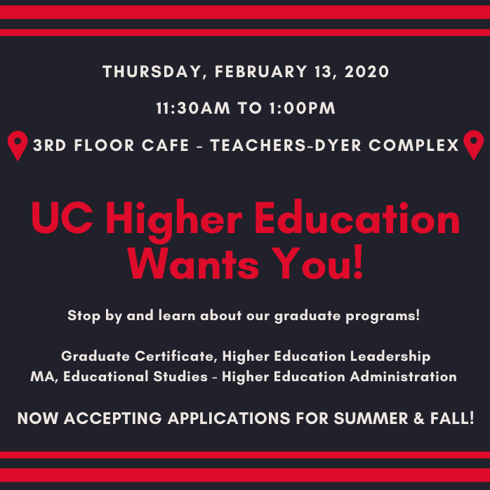 Come learn more about our graduate programs in Higher Education! 

📍3rd Floor Cafe - Teachers-Dyer
🗓️ Thursday, Feb. 13
⌚️11:30am to 1:00pm

NOW ACCEPTING APPLICATIONS FOR SUMMER &amp; FALL!