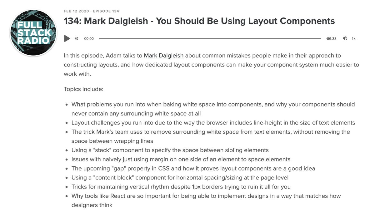 Adam Wathan (@adamwathan) on Twitter photo π New <a href="/fullstackradio/">Full Stack Radio</a> is out!
I talk to <a href="/markdalgleish/">Mark Dalgleish</a> about why your components should never have surrounding white space, and how to use dedicated layout components to mange space in your projects instead.
fullstackradio.com/134 π New <a href="/fullstackradio/">Full Stack Radio</a> is out!
I talk to <a href="/markdalgleish/">Mark Dalgleish</a> about why your components should never have surrounding white space, and how to use dedicated layout components to mange space in your projects instead.
fullstackradio.com/134