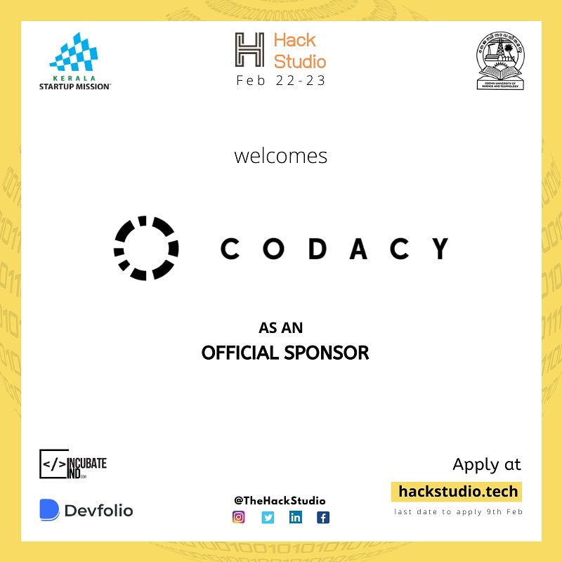 TheHackStudio's tweet image. HackStudio Update!!

We are very proud to welcome @codacy as an official sponsor. 

Learn more about Codacy : codacy.com

Learn about hackstudio: hackstudio.tech

#hackstudio #ihavenewidea #hackathon

#aws #awscloud #awsugkochi #incubateind #devfolio #ksum