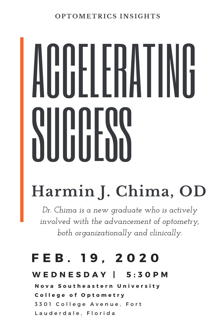 davekading's tweet image. ACCELERATING SUCCESS 👩‍⚕️

with
Dr. Harmin Chima , OD

Feb. 19, 2020 | WEDNESDAY |  5:30PM 
Nova Southeastern University 3301 College Avenue, Fort Lauderdale, Florida  

PLEASE SHARE or TAG your friend  

#optometricinsights #nsuoptometry