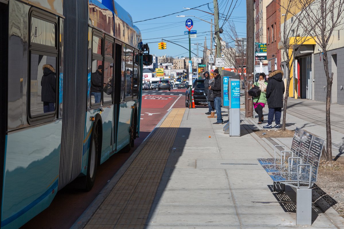 NYCDDC's tweet photo. We partnered with @NYC_DOT to complete upgrades and increase pedestrian safety along the B46 Select Bus Service route on Utica Avenue in Brooklyn. Upgrades included the installation of 29 new reinforced-concrete bus pads along the route. Details: https://t.co/MqA7pXjIAg https://t.co/5yQ6A44b0k