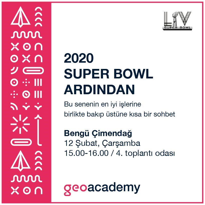geometryist's tweet photo. Head of Strategy Bengü Çimendağ’ın moderatörlüğünde 2020 Super Bowl’daki tüm reklam çalışmalarına bakıp, üzerine sohbet ettik. https://t.co/4CqJpiPJWe