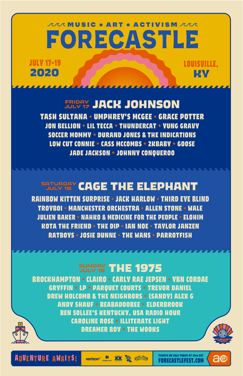 Your 2020 #Forecastle Lineup is here! 😍Tickets go on sale TODAY at 12pm EST for an EPIC weekend on the Waterfront with @jackjohnson, @CageTheElephant, @the1975, & MORE! Secure a GA 3-day ticket for just $20 down. 🌊Sea the lineup & get tickets here: fal.cn/36vGn