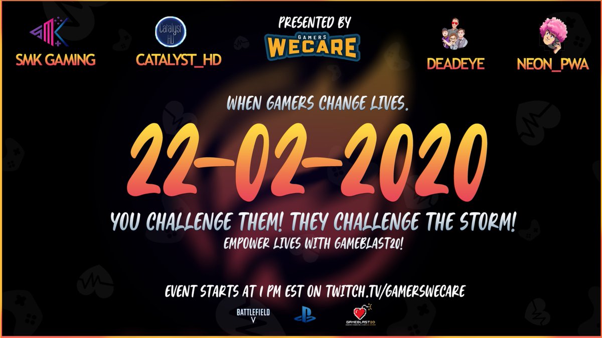 gamerswecare's tweet photo. The Launch of the GWC Twitch channel will be an amazing opportunity to change lives. Stay tuned. Follow. Join the discord. Come &amp; support this amazing cause!  @GameBlast #GameBlast20 @SpecialEffect ft. @catalyst_hd @smk_gaming_ @l_DEADEYE_l @Neon_PWA &amp; @FliwTV. @Battlefield https://t.co/mVMkW58WMS