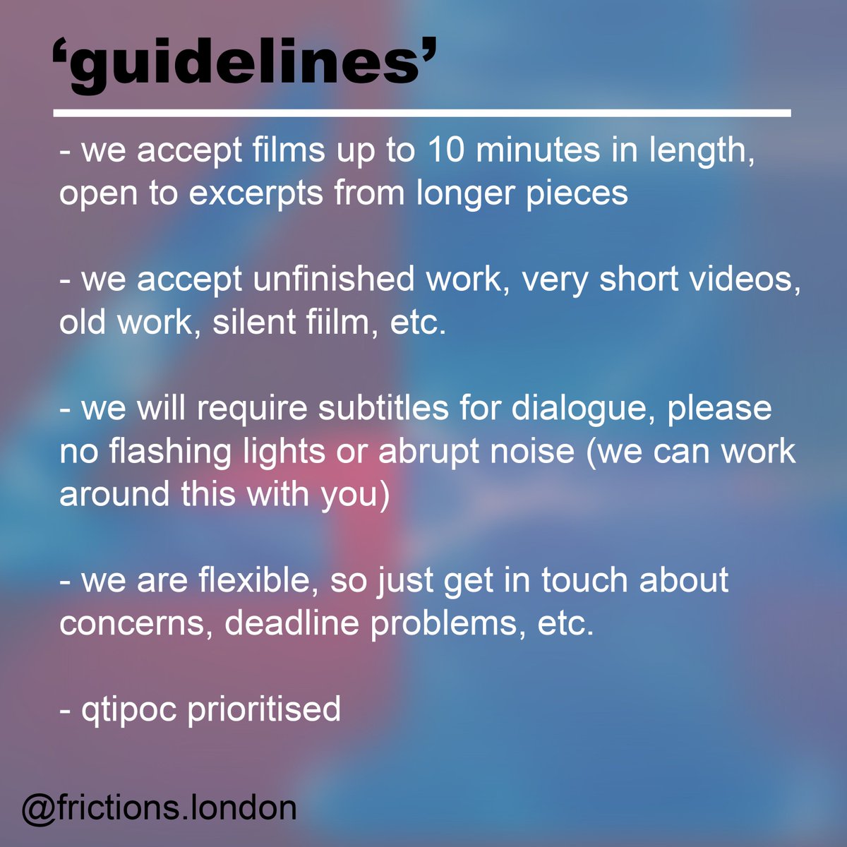 two days left on our Open Call! if you're unsure or aren't able to meet all the 'guidelines' we still encourage you to submit! excited to view all your wonderful pieces ☺️🍇💦💜

frictions.net