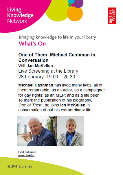 Droitwich Library will be showing a live screening of One of Them: Michael Cashman in Conversation. 

This is a FREE evening event and doors open at 6:30 pm for a 7 pm start

#WorcestershireHour
