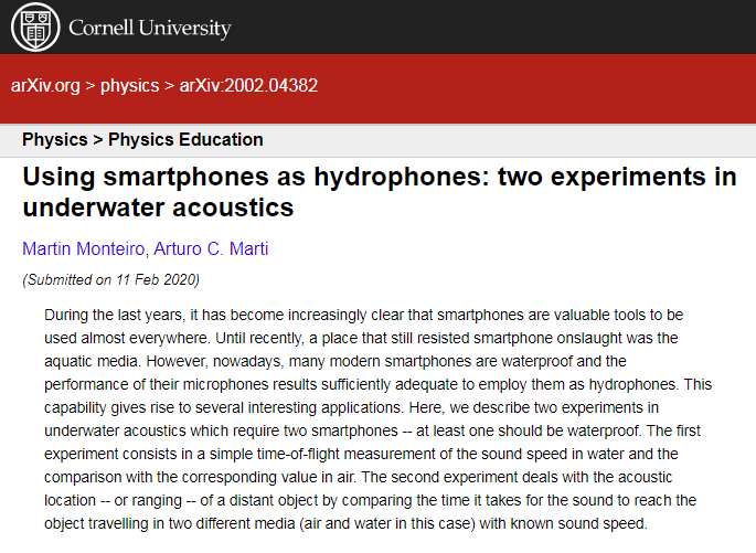 fisicamartin's tweet photo. "Using smartphones as hydrophones: two experiments in underwater acoustics"
#SmarterPhysics #DevicePhysics #PhysicsEducation
https://t.co/9ma2wSWXhR https://t.co/9sAZTMeK48