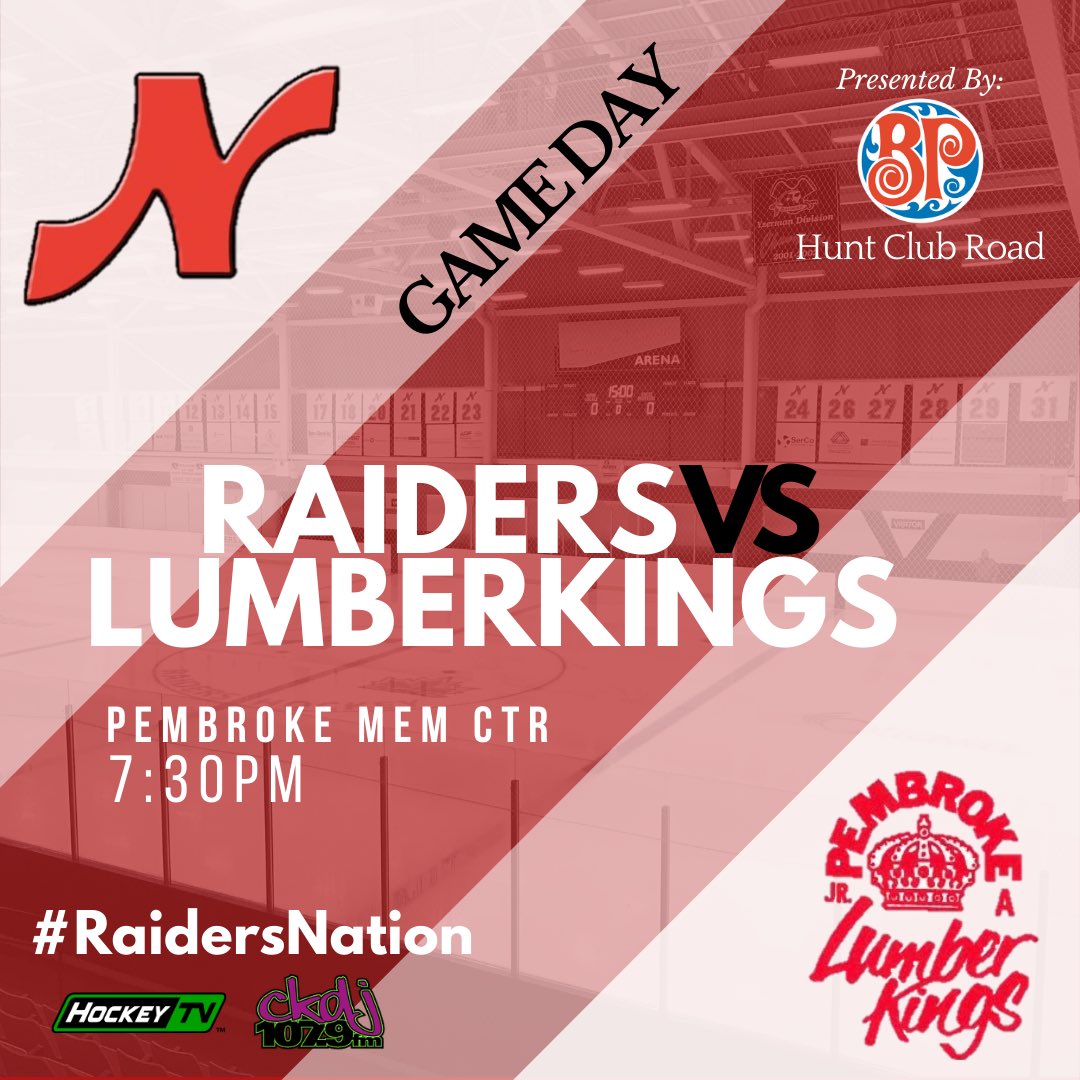 Nepeanraiders's tweet photo. The #Raiders travel to Pembroke to face a @PLKingsCCHL team looking to lock down a playoff spot tonight.
⏰| 7:30 PM
📺| @MyHockeyTV
📻| @CKDJ1079
#GameDays are brought to you by @BPHuntClub #GatherRound
#RaidersNation #NEPvsPLK #CCHL #Nepean #PMC #JrA #Hockey https://t.co/h7PF6yXOsG