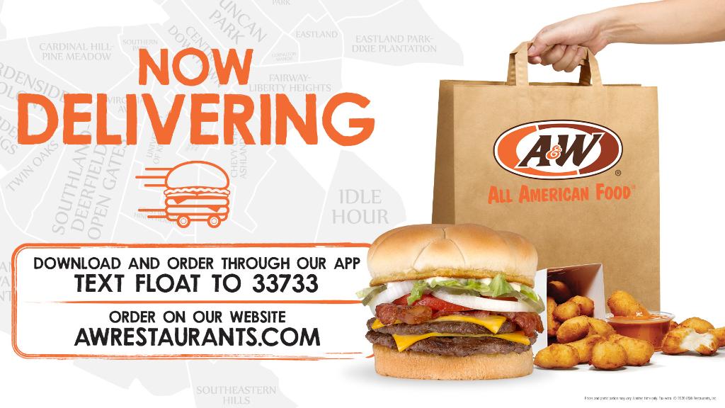 🚨 Exciting news! 🚨 You can now enjoy your A&amp;W favorites without leaving home. Text FLOAT to 33733 to download &amp; order through our app or visit bit.ly/OrderAWR to get started.