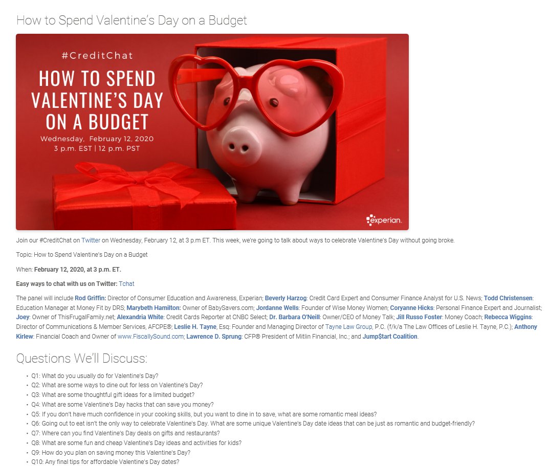 Looking forward to being part of the #creditchat panel today at 3 pm ET. Valentine's Day does not have to be a #budget-breaker.