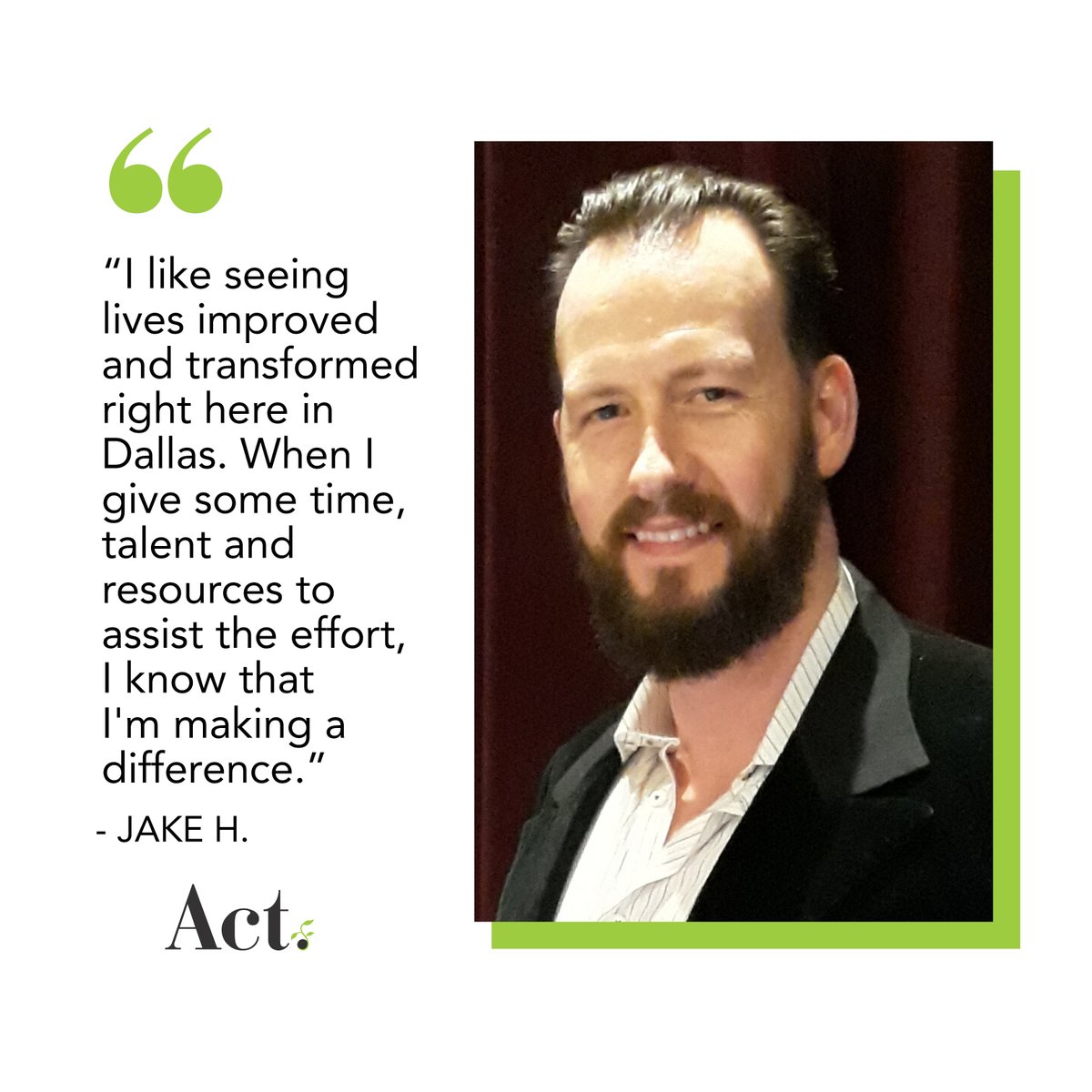 🌱#WhyIAct 🌱Meet Jake, one of our Justice Partners, and learn why he chooses to support Act! ⁠
⁠
Interested in becoming a Justice Partner? Visit our website (link in bio!) to learn how can be part of the change happening in Dallas! #WhyIGive #WhyIGiveWednesday⁠