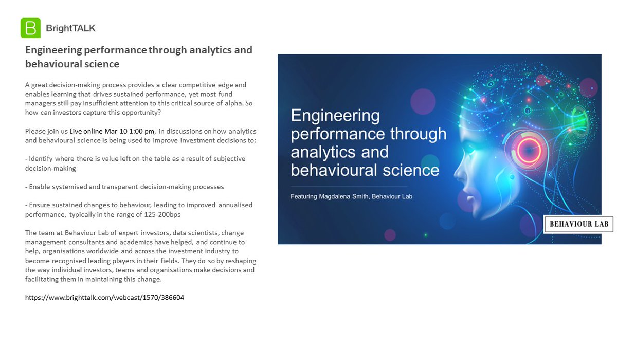 Behaviour_Lab's tweet photo. Join us on BrightTALK at 1pm 10th of March, to discuss how analytics and behavioural science is being used to improve investment decisions!!
https://t.co/S3KkvtPRjU
#BehaviourLab #BrightTalk #investment #assetmanagement #behaviouralfinance #behavioralfinance #fintech https://t.co/8CMEXB41p7