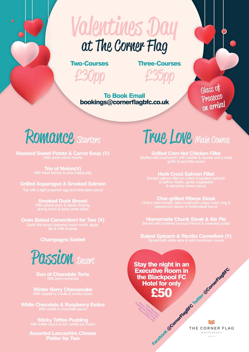 CornerFlagBFC's tweet photo. 2 days to go ... 💕

Still looking for perfect place to take that special someone?

🥘 Brilliant Food 
🍹 Gorgeous Cocktails
🏟️ Amazing Views 

#ValentinesDay #TheCornerFlag #Cocktails #TheCornerFlag https://t.co/MrnPHuWeOu