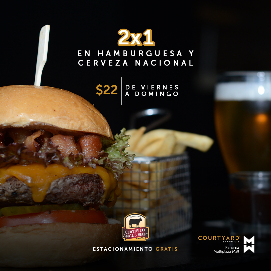 CourtyardMP's tweet photo. De viernes a domingo puedes disfrutar de la promoción 2x1 en hamburguesa y cerveza nacional. ¡Te esperamos! Tel. 301-0101 #Hamburguesas2x1 #Promo2x1 #PromosPanama #Panama #Pty https://t.co/0Trq6QpGXw