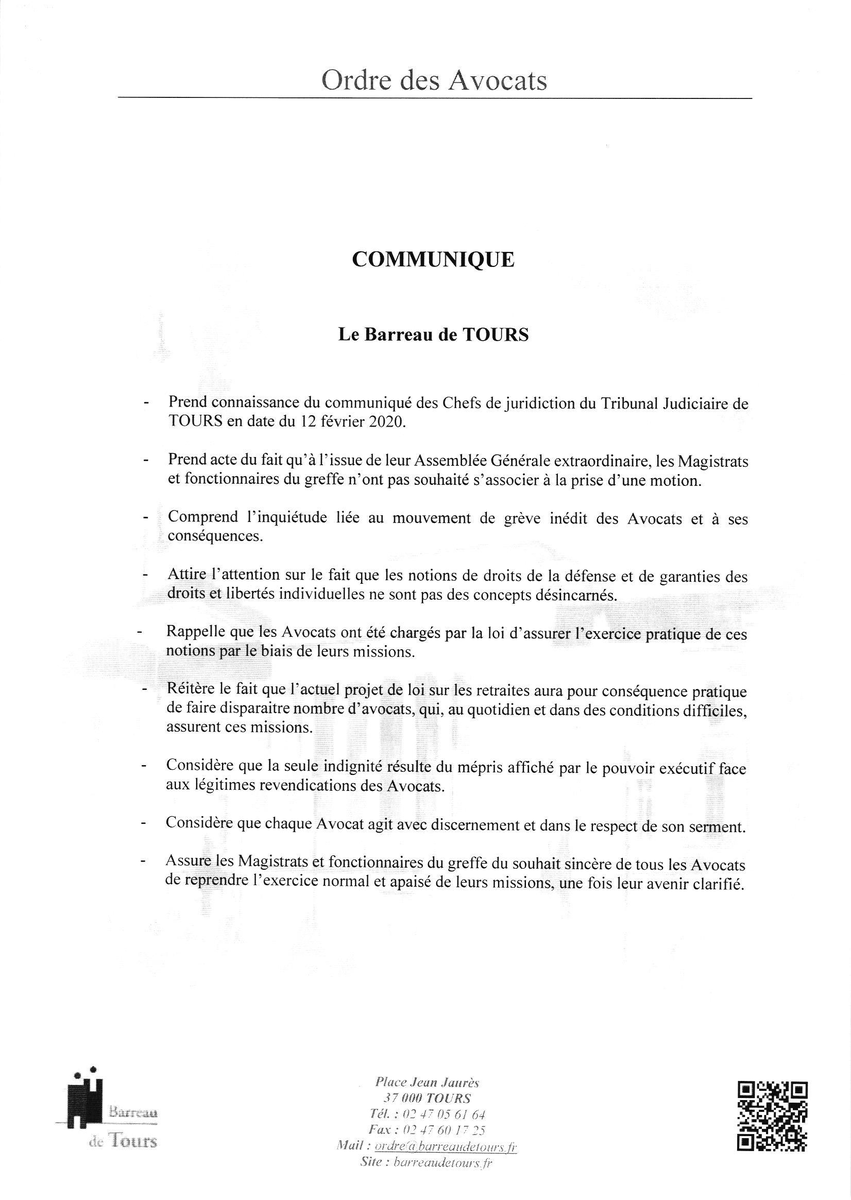 Communiqué de <a href="/OrdreTours/">Batonnier de l'Ordre- Barreau de TOURS</a> en réponse au communiqué de @PdtTJTours  #AvocatsEnColere #AvocatsEnGreve