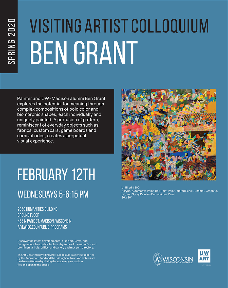 UW_ARTdept's tweet photo. Today, 2/12 at 5pm explore the potential for meaning through complex compositions of bold color and biomorphic shapes at our #Spring2020VAC #artisttalk by #VisitingArtist and #UWalumni Ben Grant. https://t.co/JtJxUioYag
#UWMadison #artsatuw #madisonart #painting #uwgrad https://t.co/rr55GHszRO