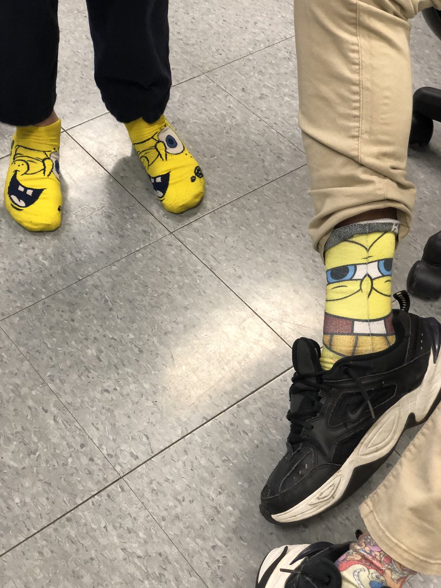 It’s always fun when you are wearing socks with <a href="/SpongeBob/">SpongeBob</a> on them! <a href="/SkylineJags/">Skyline Middle School</a> #HearUsRoar #squarepants