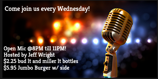 JimmyMacspub1's tweet photo. Come join us every Wednesday!
Open Mic @8PM till 11PM! 
Hosted by Jeff Wright 
$2.25 bud lt and miller lt bottles 
$5.95 Jumbo Burger w/ side

Find out more at: https://t.co/Crj242q4Vk https://t.co/jfmWmapPIt
