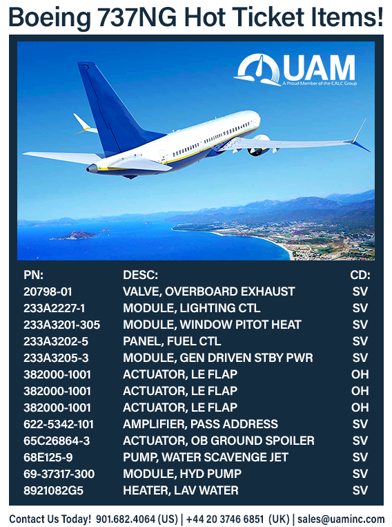 UAMINC's tweet photo. UAM has B737NG material ready to move! For more information, contact our sales team at 901.682.4064 (US) | +44 20 3746 6851 (UK) | sales@uaminc.com

#Aviation #UAM #AviationParts #Boeing #B737NG https://t.co/J1cPGUBxS1