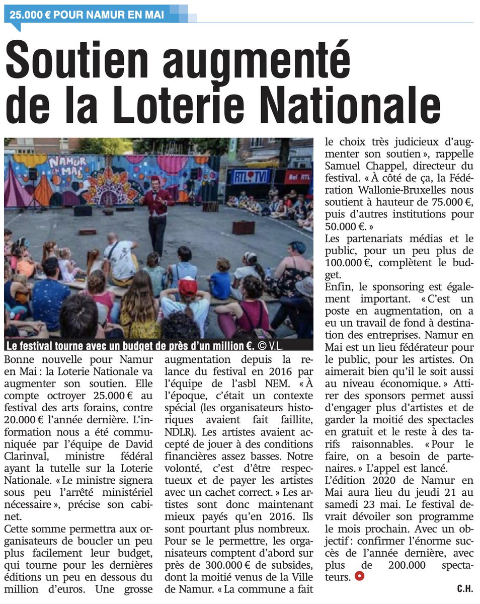 👍Bonne nouvelle pour <a href="/NamurEnMai/">Namur En Mai</a> ! La <a href="/LotNat_Belgique/">Loterie Nationale</a> , dont j'ai la tutelle, a décidé d'augmenter son soutien pour la prochaine édition du festival ! Rendez-vous en mai 😉  

➡️Retrouvez l'article de © Christophe Halbardier dans La Meuse.be📰