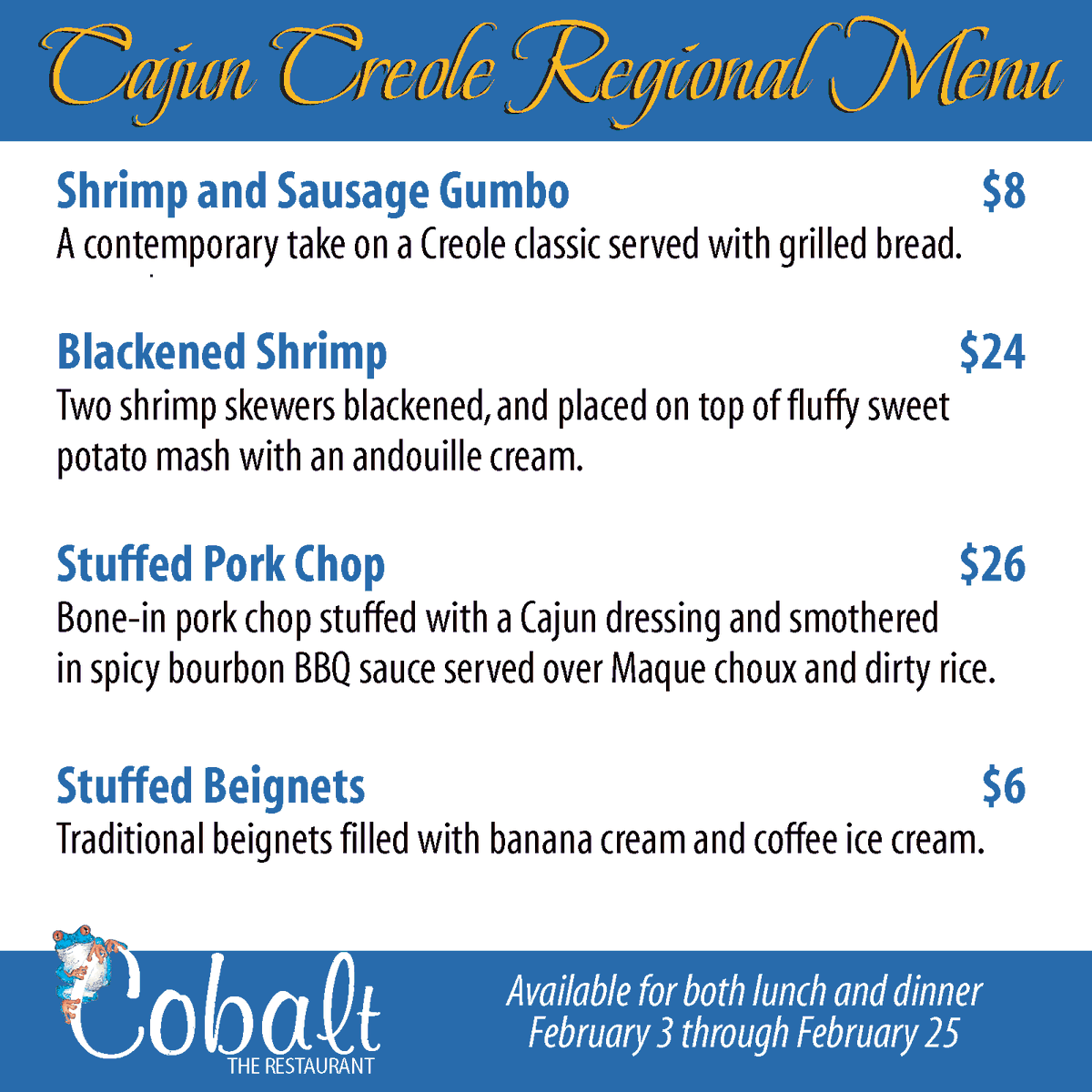 Cobaltoba's tweet photo. Our #Cajun/Creole #RegionalMenu features three entrée and one delicious dessert. Get it now through February 25. This menu is available for both lunch and dinner. #orangebeachrestaurants #orangebeachdining #beachdining #coastalcuisine #coastaldining https://t.co/bZIIuws0vH