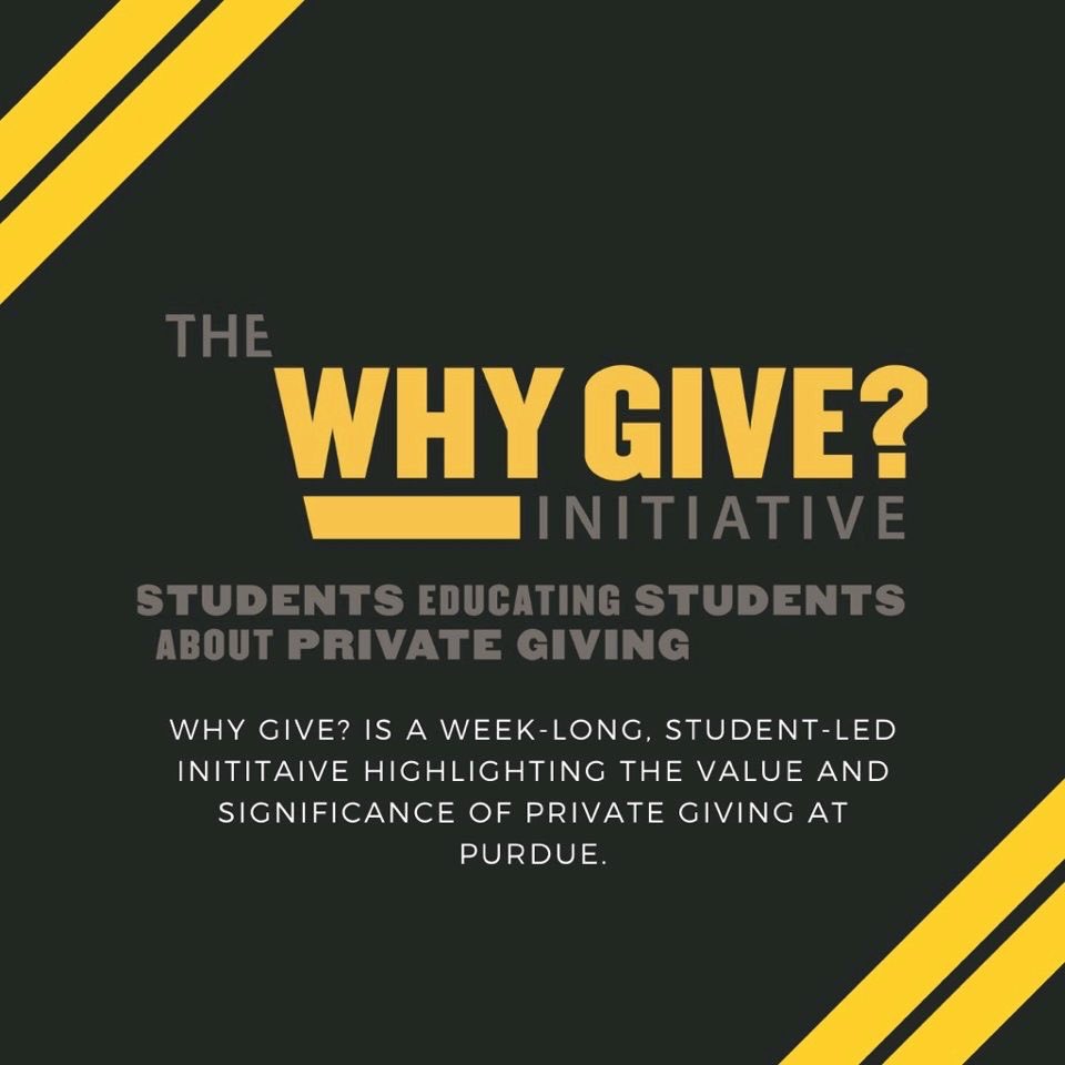 PFSB_Purdue's tweet photo. Boilermakers! From February 24-27, PFSB will be hosting our annual “Why Give?” initiative, a campaign highlighting why private giving is so important at Purdue!

The week is going to be packed with fun, 🚨giveaways🚨, and chances to learn all about how and why donors give back! https://t.co/by6dvGdChT