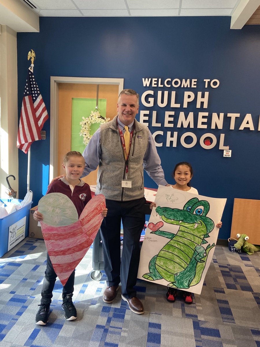 Students at Gulph Elementary School made hundreds of valentines for veterans in art class. Pictured are two of our amazing gator artists with Dr. Toleno! Way to go Gulph Gators!!! #UMASDistheplacetobe