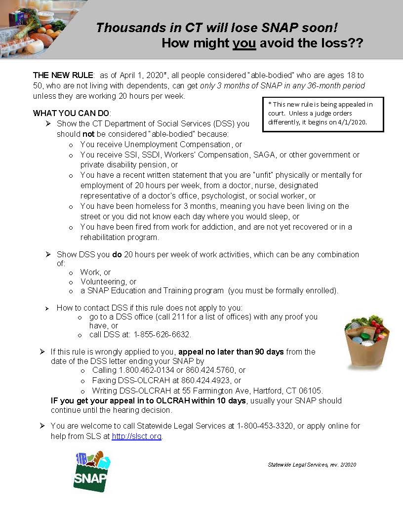 SLS_CT's tweet image. CT PUBLIC BENEFITS ALERT: New changes to SNAP beginning 4/1/2020. See attached flyer for details.