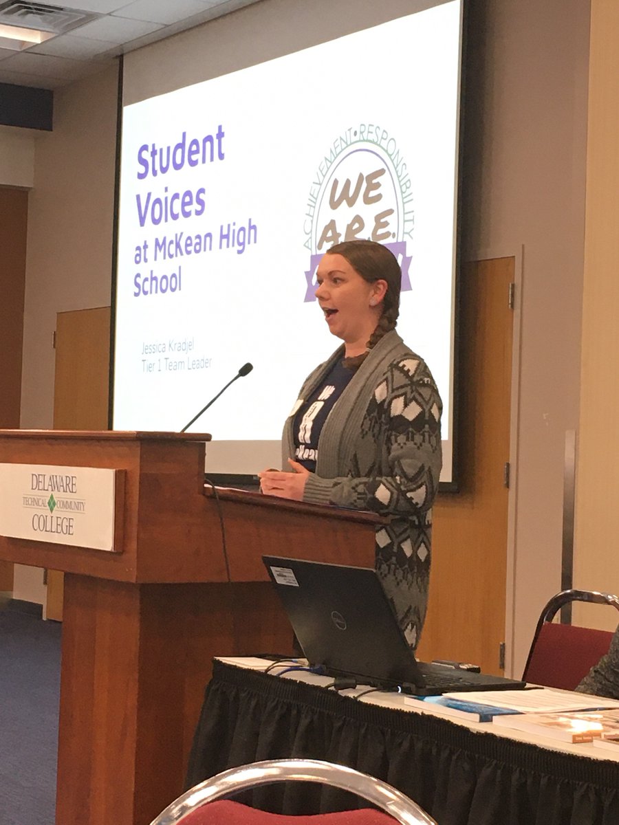 DelawarePBS's tweet photo. Ms. Kradjel from Red Clay's McKean High School talked about McKean's journey so far in integrating student voices! She also emphasized the importance of collecting data from students and having students generate potential solutions to problems. Thank you! #DEPBS #secondaryforum https://t.co/I6Pw8loG9p