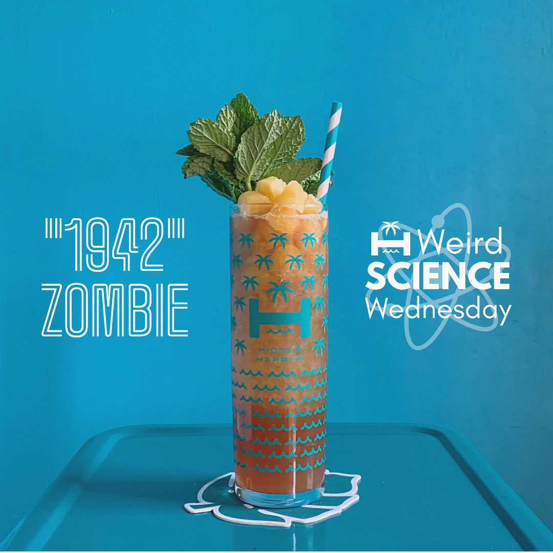 HiddenHarborPGH's tweet photo. Throwback to our most recent #WeirdScienceWednesday, featuring the โ1942โ Zombie, a 1934-recipe Zombie that slowly transforms into the far fruitier (but still lethally strong) 1950 iteration as its โ1950 Zombie cubesโ (containing pineapple, passion fruit, etc.) melt. https://t.co/C2AiwbsKj9